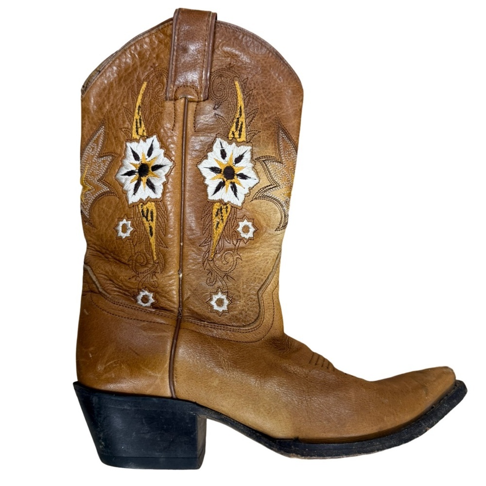SONORA Floral Embroidered Leather Cowboy Boots Brown Size 6